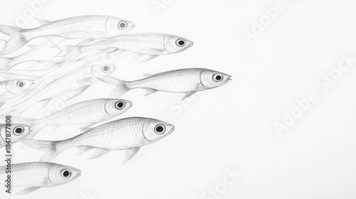 School of fish swimming on white background illustrating concepts