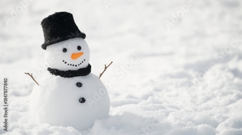 Snowman with black hat and scarf standing in fresh snow