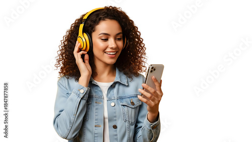Woman listening music with headphones isolated on transparent background