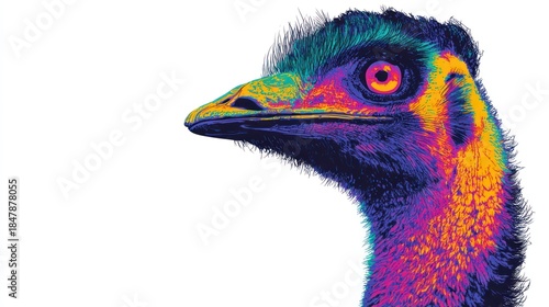 Vibrant emu portrait against white background for diverse design applications