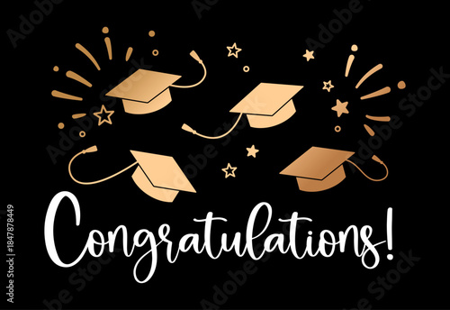 Festive graduation vector illustration with Congratulations lettering flying graduation caps and decorative stars on dark background. Perfect for greeting cards posters apparel prints gifts banners 