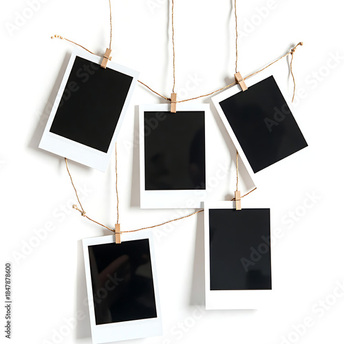 Blank black polaroid photo frames with each secured by small wooden clips suspended from thin strings against white wall