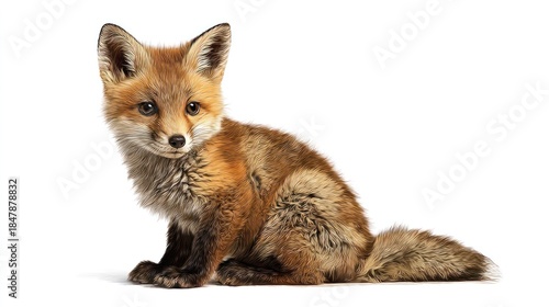Young fox sitting isolated on white background looking towards the camera