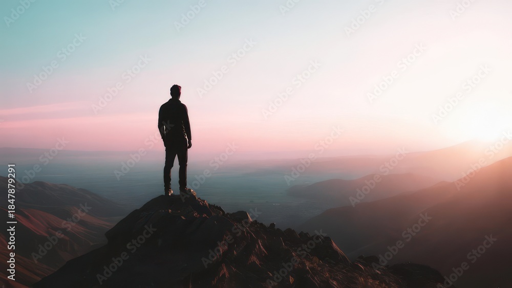 Obraz premium Silhouette of a person on a mountain peak at sunset, overlooking the expansive scenery