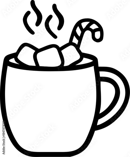 A cozy mug of hot cocoa topped with marshmallows and a candy cane.