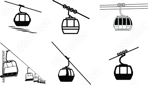 Set of cable car icons on a white background