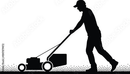 Black silhouette of a man in a cap pushing a lawn mower over grass, professional landscaping and garden maintenance services,