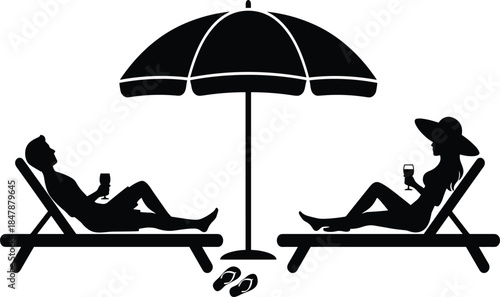Black silhouettes of a couple relaxing on beach chairs under a sun umbrella, drinking wine and cocktails on summer tropical vacation,