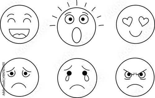 A set of six emoticon faces with various emotional expressions