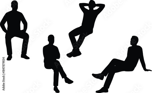 Black silhouettes of four men sitting and reclining in relaxed poses including lounging, leaning back, and resting, isolated on white.