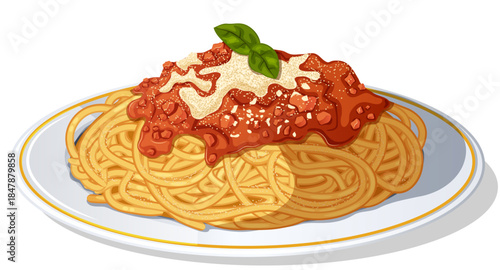 Italian Spaghetti Pasta with Rich Tomato Meat Sauce and Melted Parmesan Cheese Topping Garnished with Basil Leaf on Plate Isolated