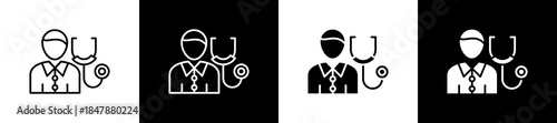Doctor icon set in line and glyph style on black and white background