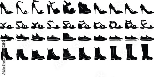 Comprehensive Collection of Women Shoes Silhouettes Including High Heels Sandals Sneakers and Winter Boots Icons for Fashion Design and Retail Layouts
