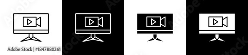 Streaming icon set in line and glyph style on black and white background
