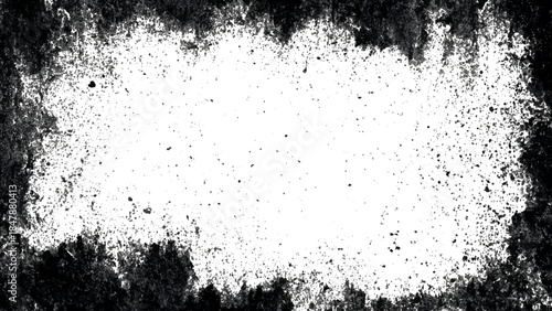 grungy black ink splatter border on white background with heavy grain texture for vintage distress overlay effect