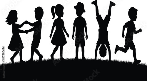 Diverse collection of black silhouettes featuring children playing, running, dancing, and doing handstands on grass, active childhood outdoor fun set,
