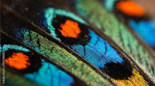 Quadro em tela Macro view of iridescent butterfly wing scales in vibrant blues, greens, and oranges, showcasing intricate natural beauty