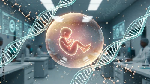 A fetus in a warm glowing sphere with flowing helix lattice and drifting molecular nodes pregnancy, gestation, fetus, amniotic life