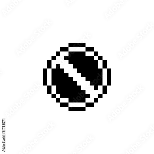 Pixel art stop icon in retro game style, symbol with diagonal slash representing stop, cancel, forbidden, disabled or no entry action, game UI, menus, HUD, buttons and interface elements.