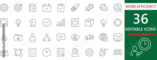 Work Efficiency editable line Icon Set. Productivity,  result,  improvement, performance, & Agile Progress Glyph