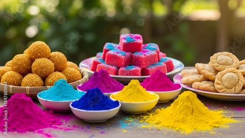 Vibrant holi celebration with colorful powders and traditional indian sweets