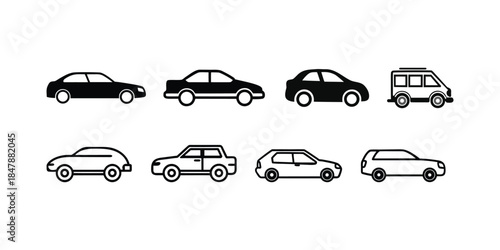Car Vector Icon Set Modern Vehicle Silhouettes and Outline Symbols for Transportation Design