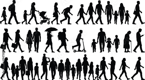 Massive Vector Silhouette Collection of People and Families Walking Including Children Playing Seniors with Canes Parents with Strollers and Community Figures