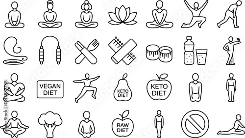 Yoga and diet line icons set, fitness vector symbols for health, weight loss, meditation, nutrition, vegan food, and exercise.
