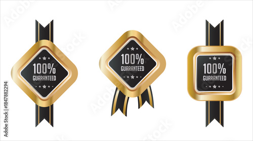 Gold 100 guarantee badges with black ribbons