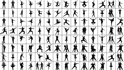 Mega collection of black dance silhouettes featuring ballet, ballroom, contemporary, and hip hop dancers in various expressive poses, isolated on white.