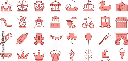 Circus and carnival filled outline icons set, amusement park vector symbols for festival, fair, clown, tent, ferris wheel, and entertainment.