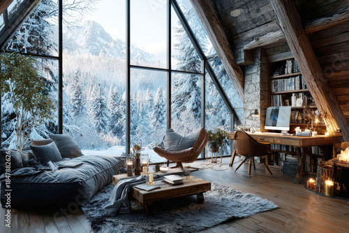 Cozy cabin interior with large windows overlooking a snowy forest and mountains, digital background ms teams, digital meeting background, zoom background