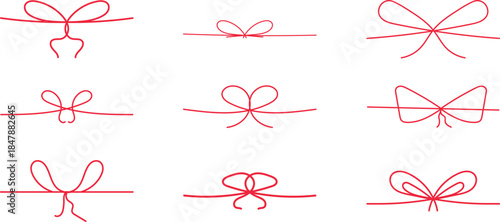 doodle red bows with string and knot for present set. Christmas celebration and coquette holiday decoration. Minimalist line art vector. birthday party or festive package
