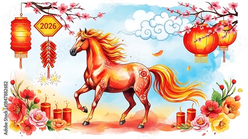Golden horse running with flowing mane and tail surrounded by cherry blossoms, lanterns, and candles on chinese new year background