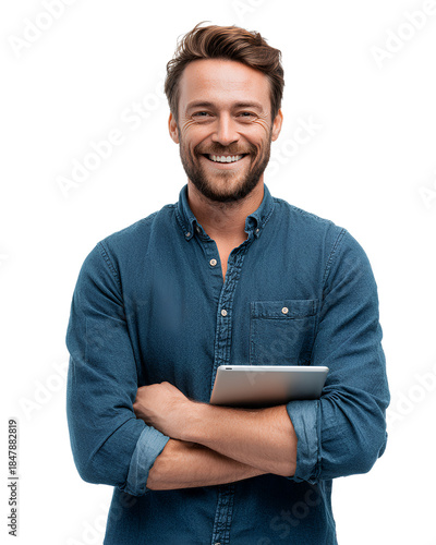 a happy man in a blue shirt holding an ipad and smiling, transparent background.