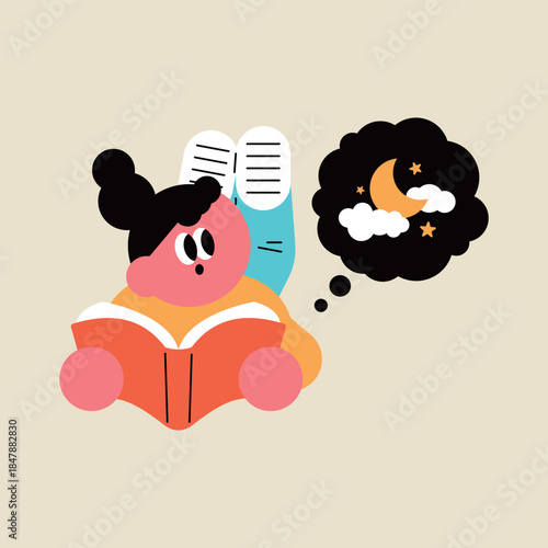 Cozy Reading and Nighttime Dreams. child reading a book with a rich imagination. The moon and stars floating in the night sky.