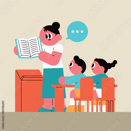 Teacher Reading to Students in Classroom. A teacher reading a book. A class or lecture. Children listening intently.