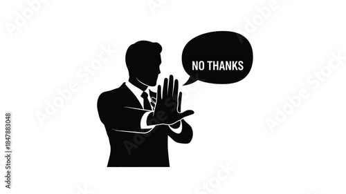 Silhouette of a man politely declining with a no thanks speech bubble