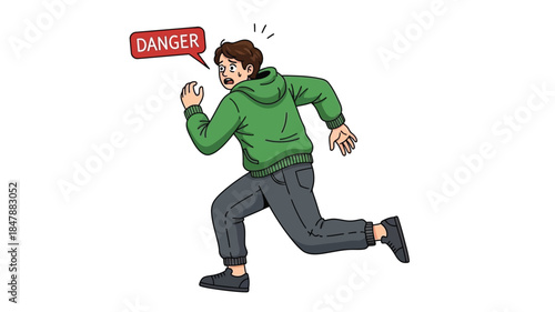 Man in green hoodie running away from an apparent danger startled reaction