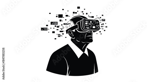 A man wearing a virtual reality headset with data particles surrounding him