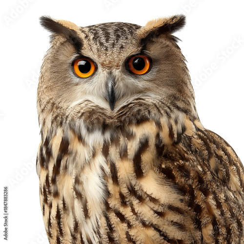 Owl With Bright Orange Eyes Staring Directly at the Viewer in a Close-Up Shot