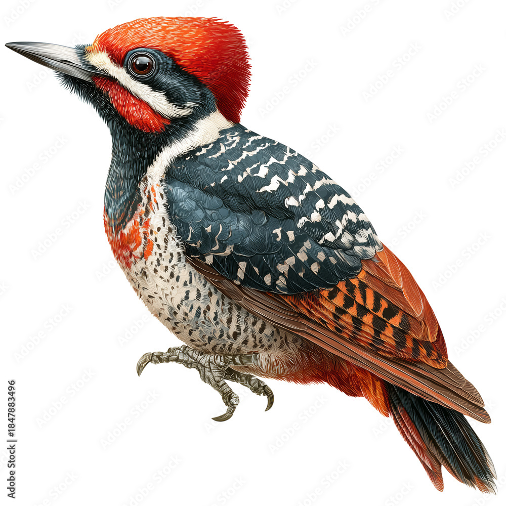 Fototapeta premium Colorful Woodpecker Perched on a Branch With Detailed Feathers and Markings