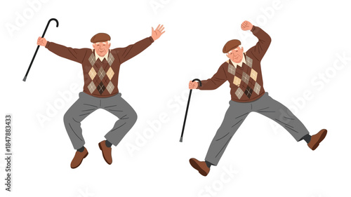 Joyful elderly man celebrating with a cane depicted in two energetic poses
