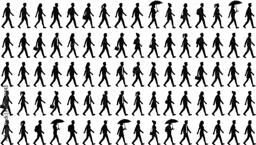 Mega collection of black silhouettes featuring diverse men and women walking with backpacks, handbags, and umbrellas, urban pedestrian crowd isolated,