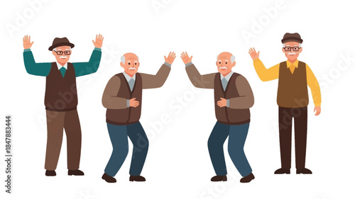 Four cheerful senior men waving their arms in a joyful celebration