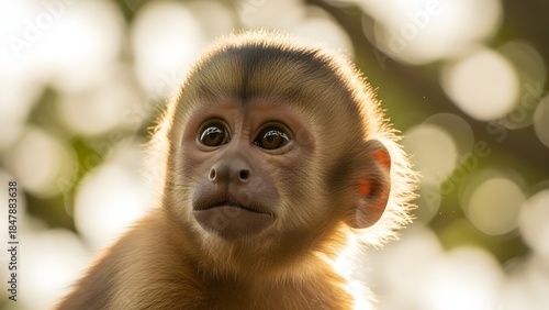 Lindo bebé macaco rhesus sentado en piedra en el bosque en la India mirando la cámara
