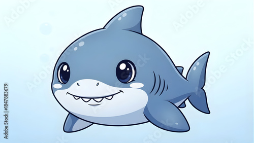 Adorable Cartoon Shark Illustration Smiling and Swimming Underwater