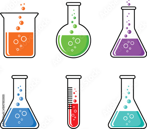 Colorful laboratory glassware illustration featuring beakers flasks and test tubes with bubbling liquids science chemistry experiment icon set