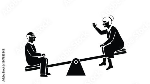 A symbolic depiction of an elderly couple on a seesaw facing each other