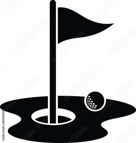 Golf Hole Silhouette Featuring Flagstick, Dimpled Ball, and Circular Hole on Putting Green in Minimalist Black and White Design
